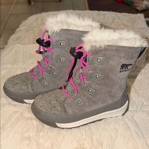 Sorel Kids' Whitney II Waterproof Gray and Pink Fur-Lined Boots